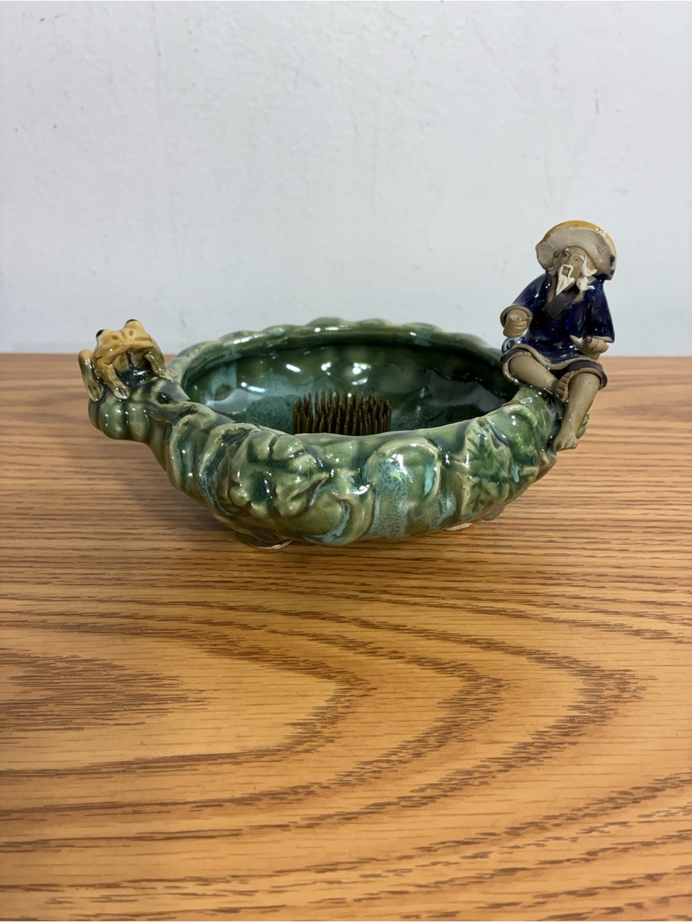 Mudman Green Glazed Ceramic planter with Frog and Fisherman